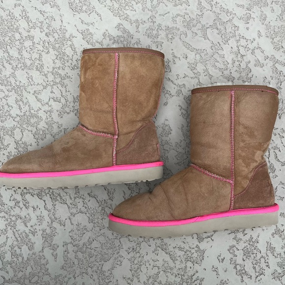 Rare UGG Neon II Classic Short Boot Chestnut Suede with neon pink trim Size 9M - Picture 3 of 12